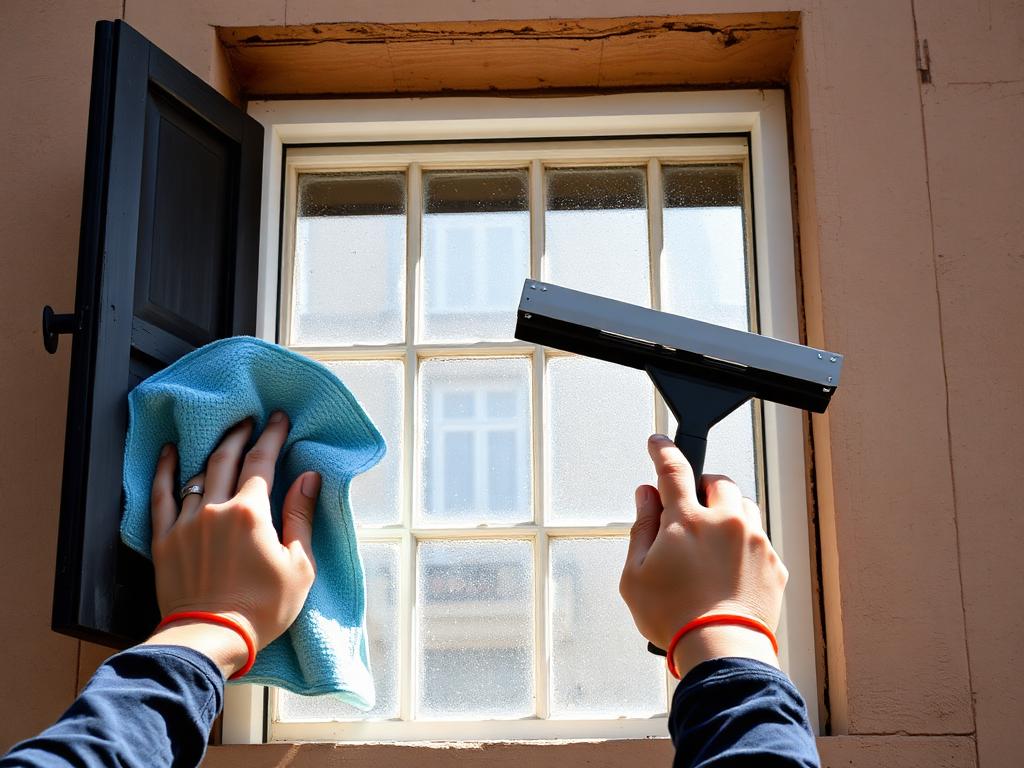 cleandream.at Fensterputzen Wien Wohnung — Hände reinigen Sprossenfenster mit Mikrofasertuch und Abzieher