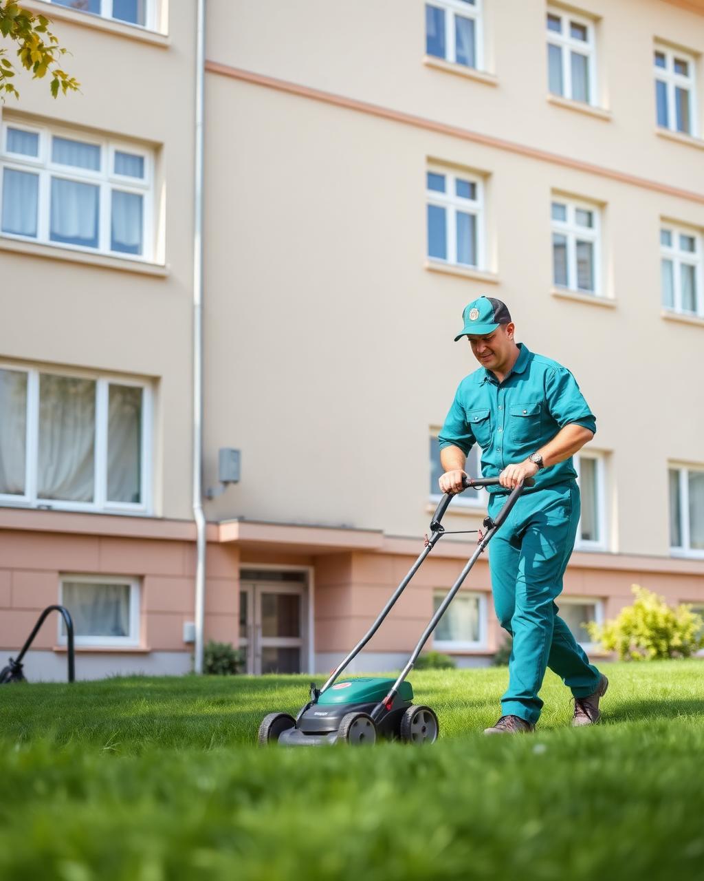 cleandream.at Gartenarbeiten Wien Rasenmähen — Mitarbeiter mäht Rasenfläche vor einer Wohnanlage cleandream.at Gartenarbeiten Wien Rasenmähen — Mitarbeiter mäht Rasenfläche vor einer Wohnanlage